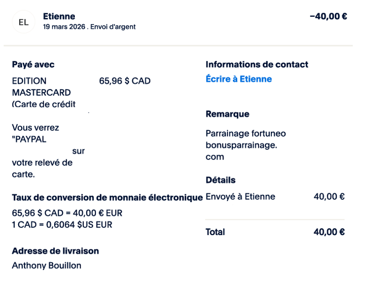 Preuve de paiement bonus parrainage