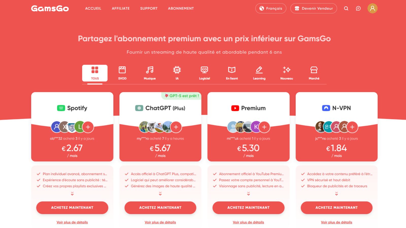 GamsGo abonnements partagés et services premium à prix réduit